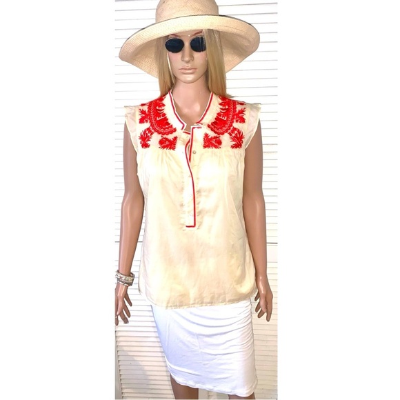 J. Crew Tops - J. Crew ivory blouse with orange accent embroidery double layered Women’s size 8